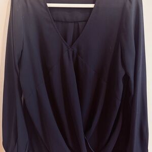 Ro & De Navy V-Neck Draped Long Sleeve Blouse